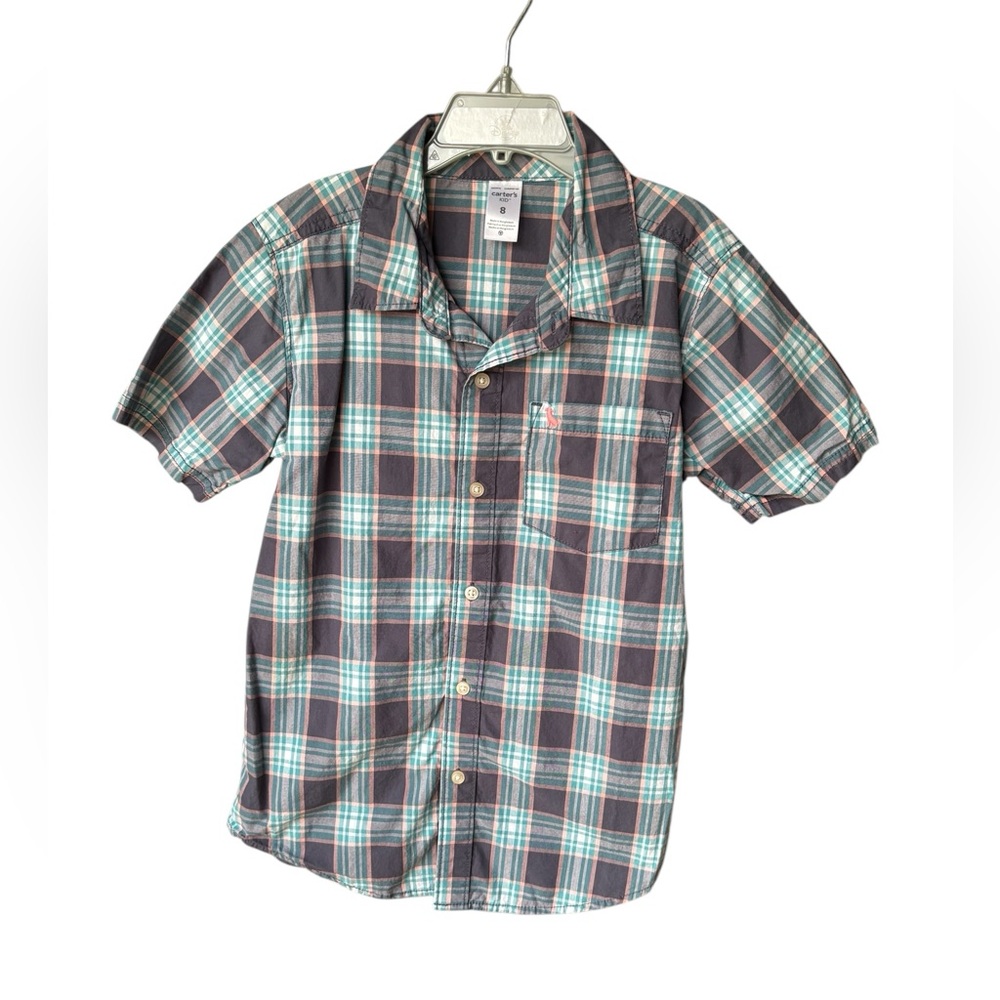 Carter’s Boys Blue and Pink Plaid Short Sleeve Button Down Shirt Sz 8